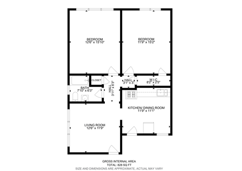 Floor plan for 2 beds, 1 bath, 828 sqft